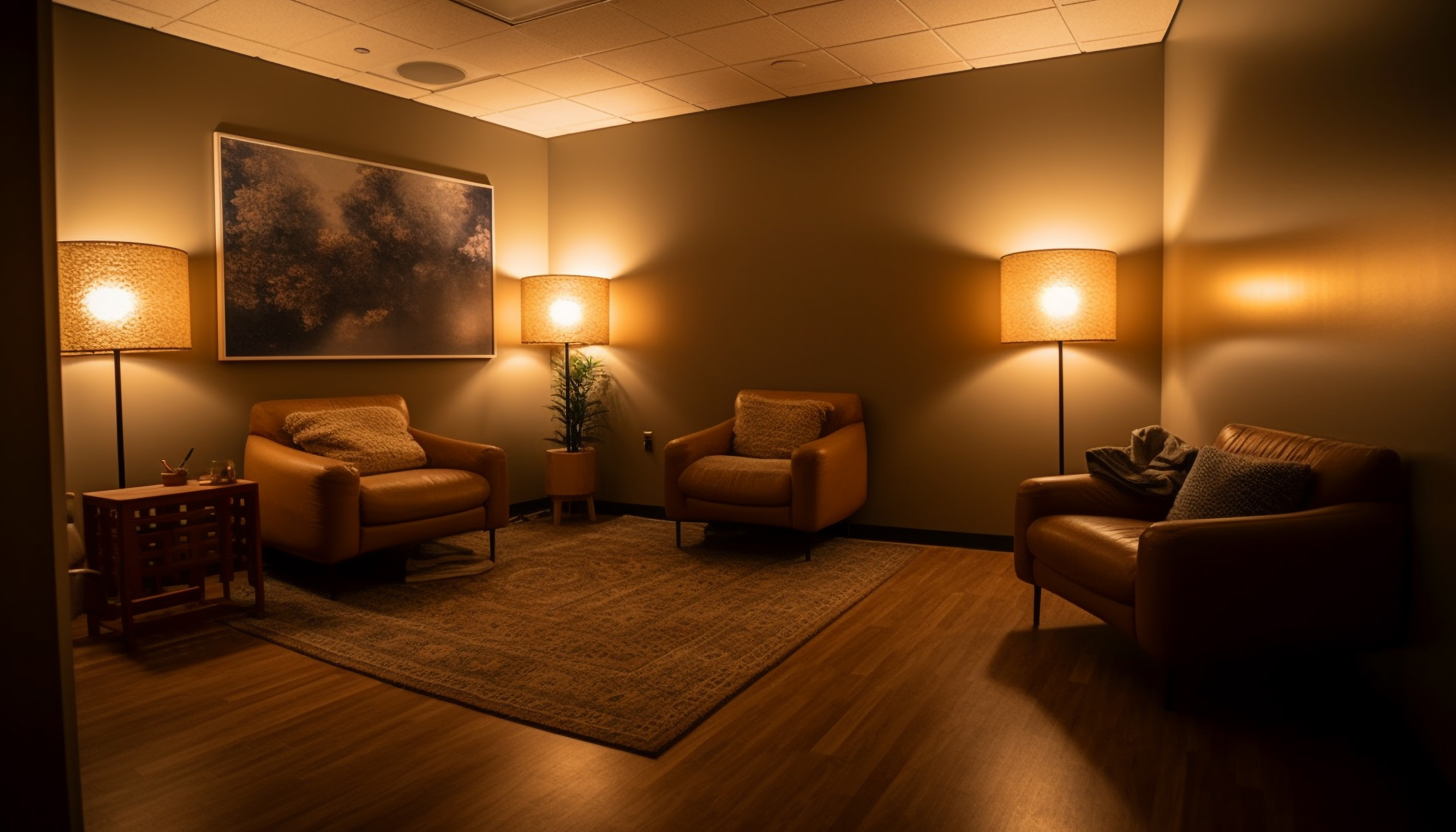 A stylish designer lamp in a dark room with golden light